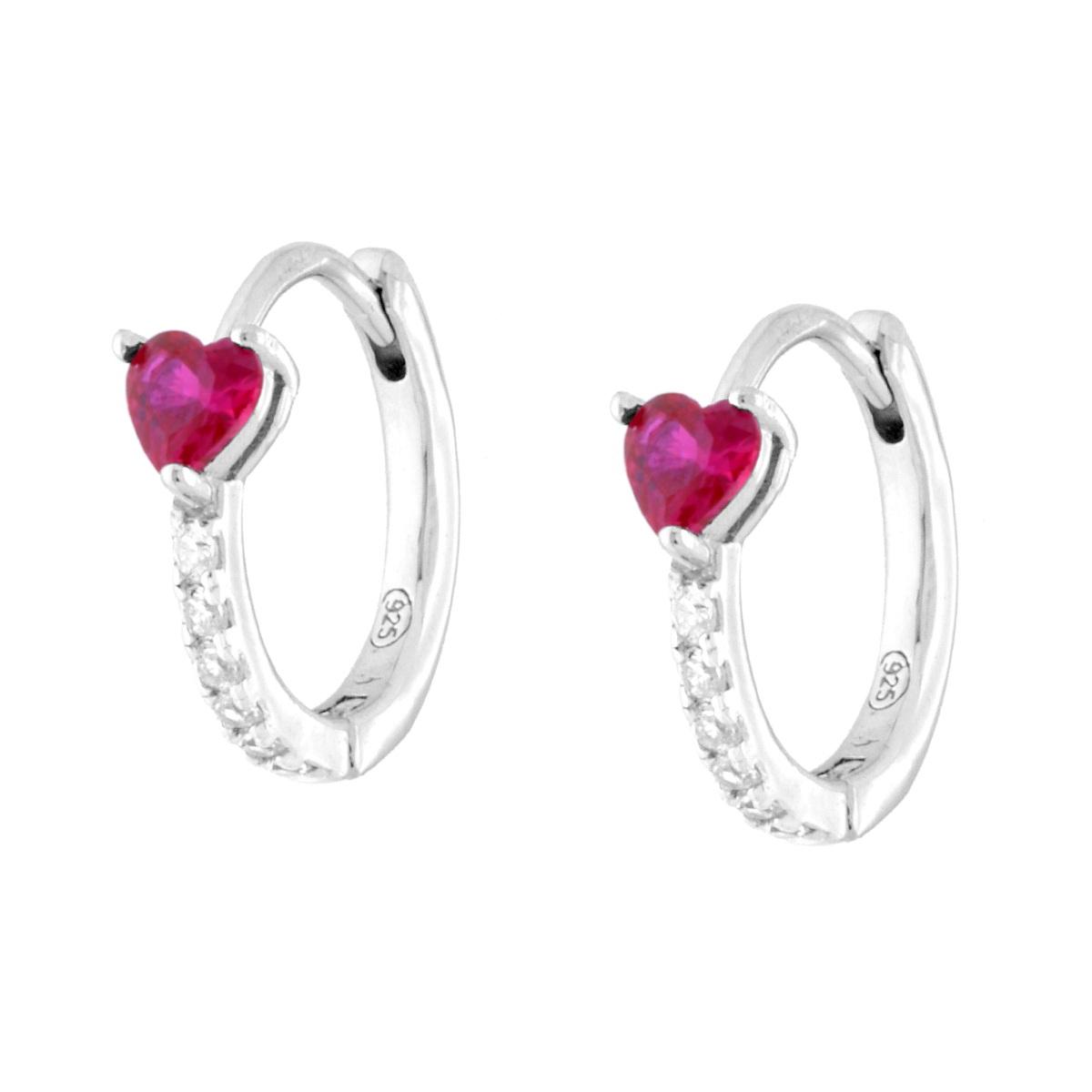 Orecchini Cerchio Scattino con Cuore Rosso Rubino e Cubic Zirconia Bianchi in ARGENTO 925 Galvanica Rodio