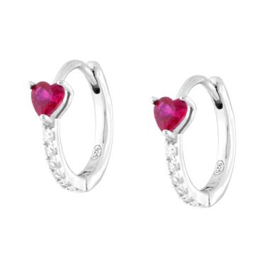 Orecchini Cerchio Scattino con Cuore Rosso Rubino e Cubic Zirconia Bianchi in ARGENTO 925 Galvanica Rodio