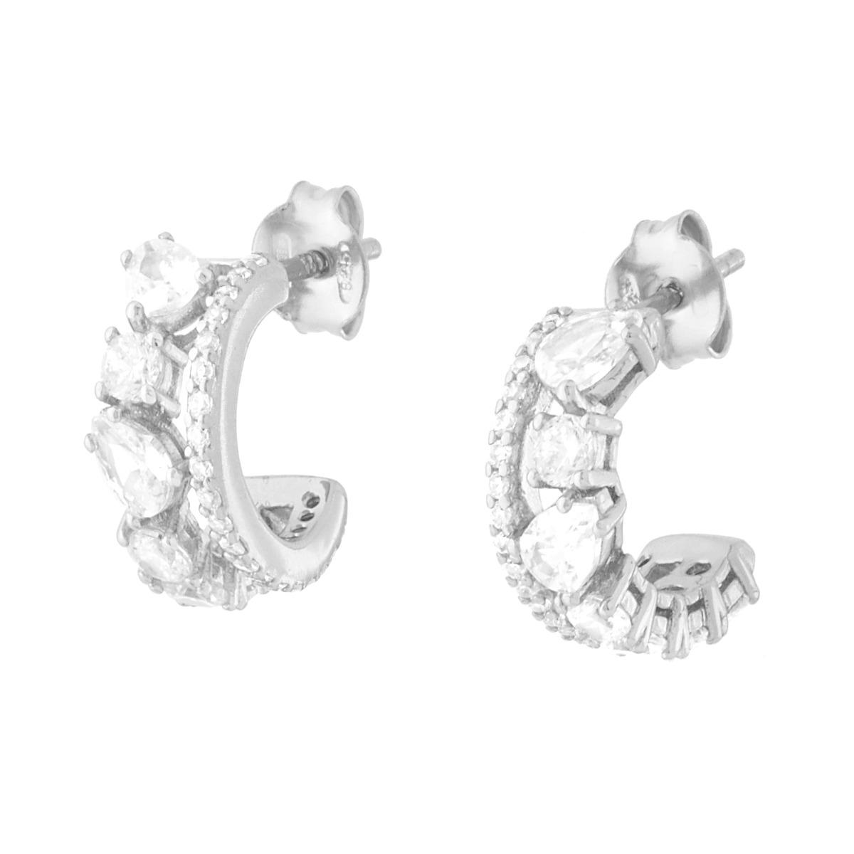 Orecchini doppio Cerchio Cubic Zirconia Bianchi in ARGENTO 925 Galvanica Rodio