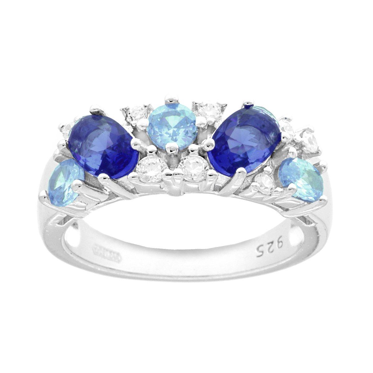 Anello con Bouquet di Cubic Zirconia Blu Zaffiro Acquamarina e Bianchi in ARGENTO 925 Galvanica Rodio