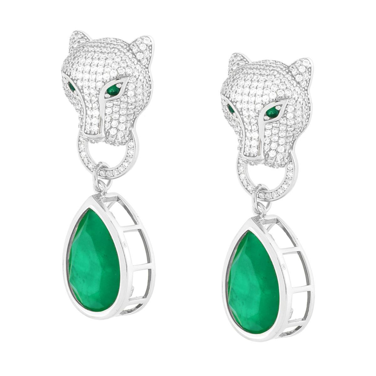 Orecchini Leone e Goccia Verde Smeraldo con Cubic Zirconia Bianchi in ARGENTO 925 Galvanica Rodio