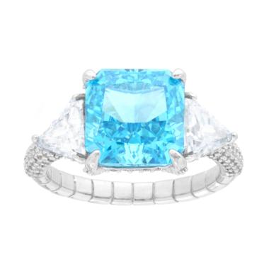 Anello Solitario Quadrato Acquamarina con con Cubic Zirconia Bianchi Triancolari in ARGENTO 925 Galvanica Rodio