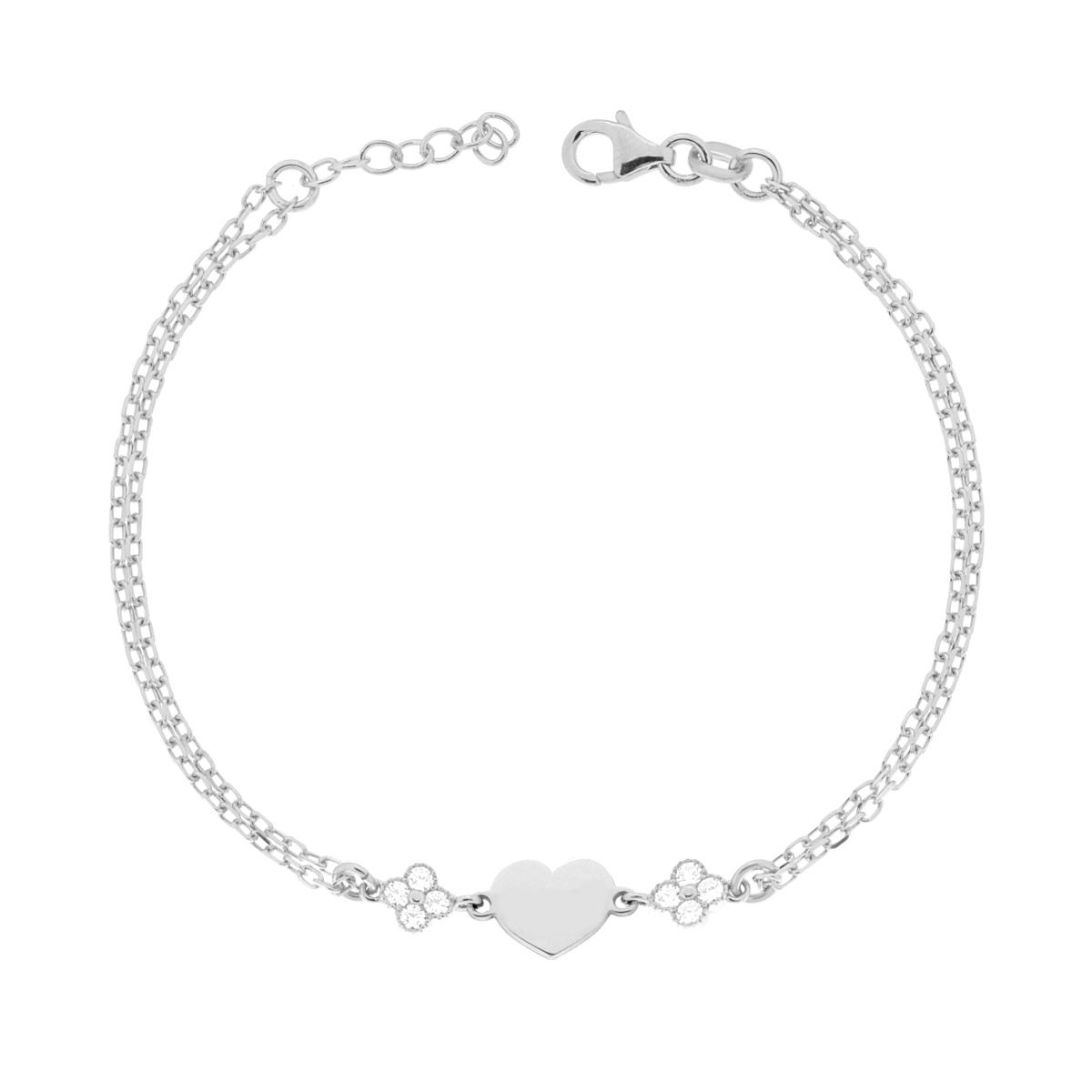 Bracciale due fili Catena Forzatina Diamantata con Cuore plain e Cubic Zirconia Bianchi in ARGENTO 925 Galvanica Rodio