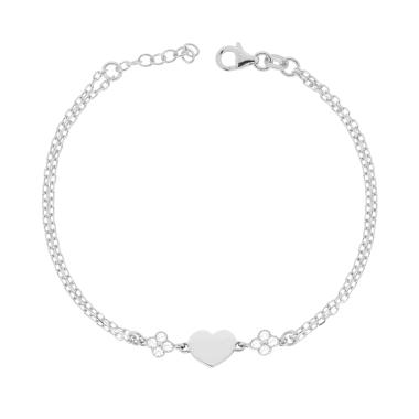 Bracciale due fili Catena Forzatina Diamantata con Cuore plain e Cubic Zirconia Bianchi in ARGENTO 925 Galvanica Rodio
