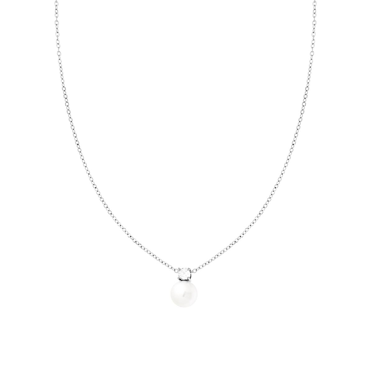 Collana Catena Forzatina Diamantata con Perla e Punto Luce Crystal Bianco in ACCIAIO