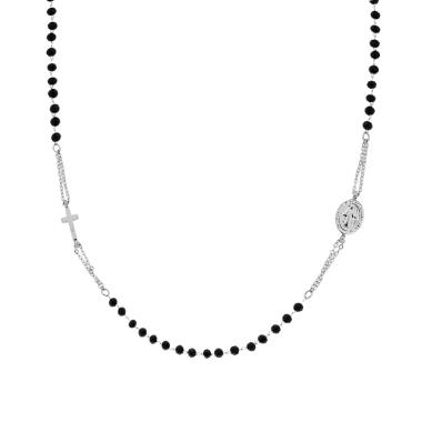 Collana Rosario modello Girocollo cm 55+5 con Grani Crystal colore Nero mm 3.2 in ACCIAIO