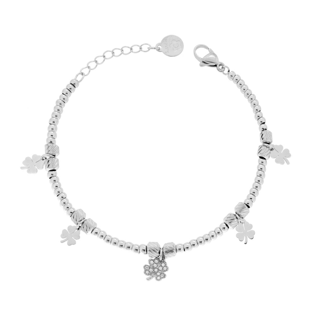 Bracciale Catena con Palline Cilindri Diamantati e Quadrifogli con Crystal Bianchi in ACCIAIO