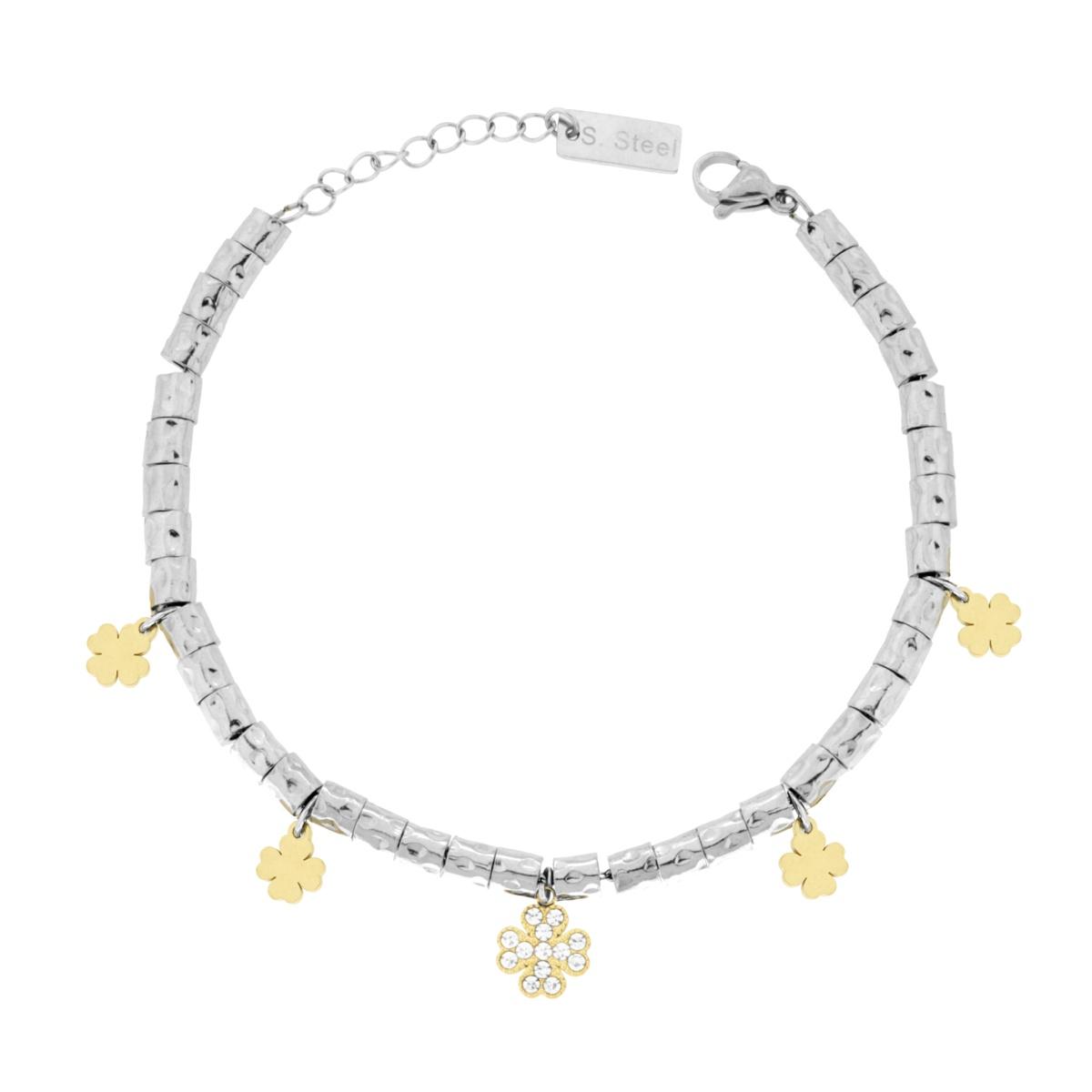 Bracciale Catena con Cilindri Martellati e Quadrifogli colore Oro con Crystal Bianchi in ACCIAIO