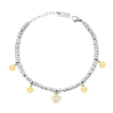 Bracciale Catena con Cilindri Martellati e Quadrifogli colore Oro con Crystal Bianchi in ACCIAIO
