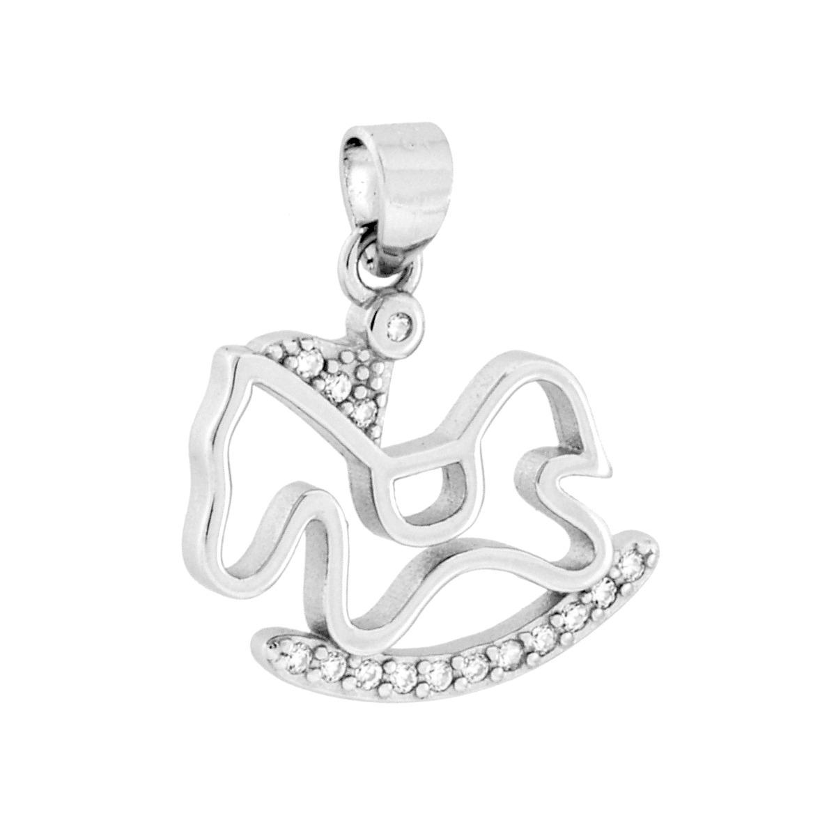 Condolo Cavalluccio a Dondolo con Cubic Zirconia Bianchi in ARGENTO 925 Galvanica Rodio