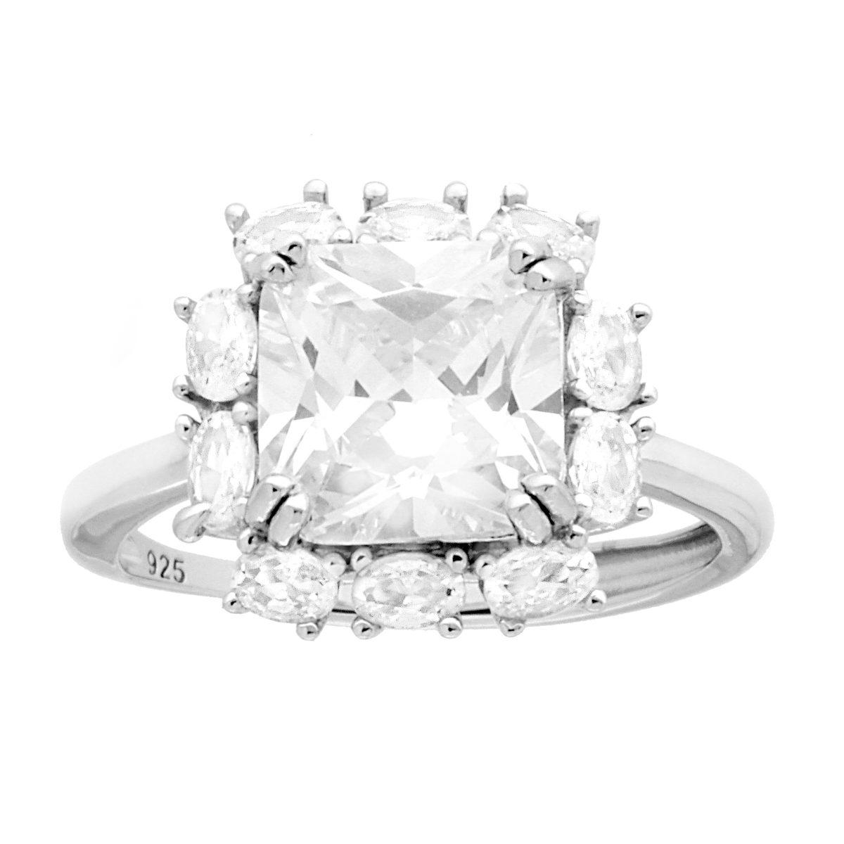 Anello Solitario con Cubic Zirconia quadrato Bianco in ARGENTO 925 Galvanica Rodio