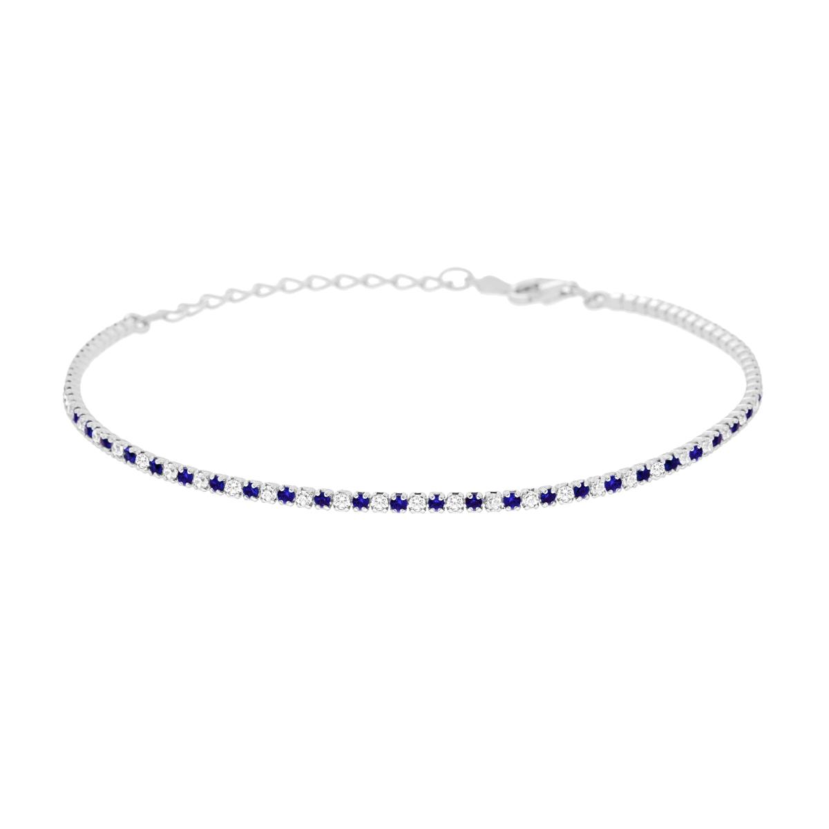 Bracciale Tennis cm 16+3 con Zirconi mm 1.5 alternati Bianchi e Blu Zaffiro in ARGENTO 925 Galvanica Rodio