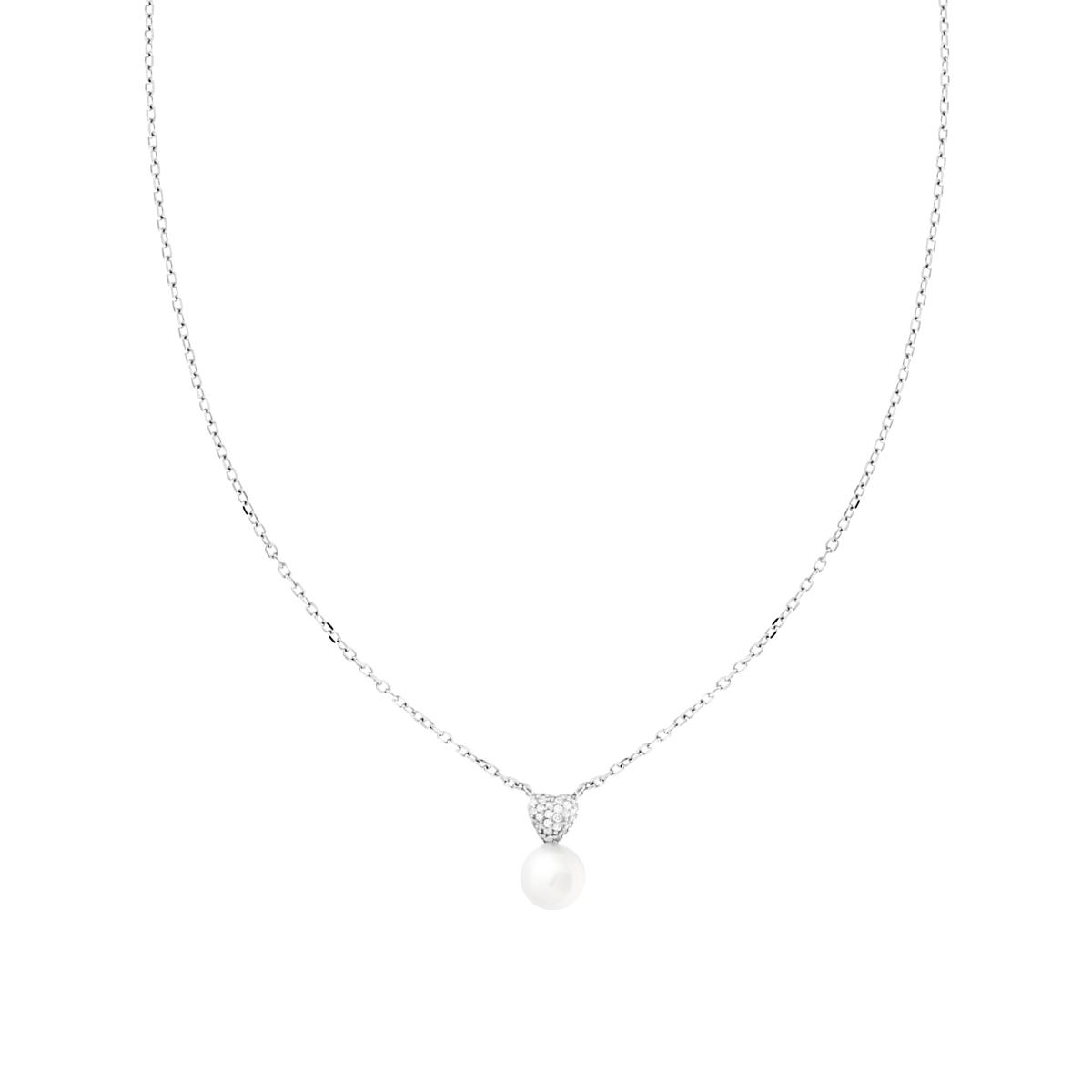 Collana Catena Forzatina Diamantata con Perla e Cuore con Cubic Zirconia Bianchi in ARGENTO 925 Galvanica Rodio