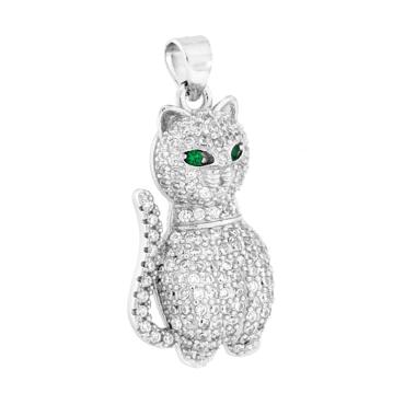 Ciondolo Gatto con Occhi Verde Smeraldo e Cubic Zirconia Bianchi in ARGENTO 925 Galvanica Rodio