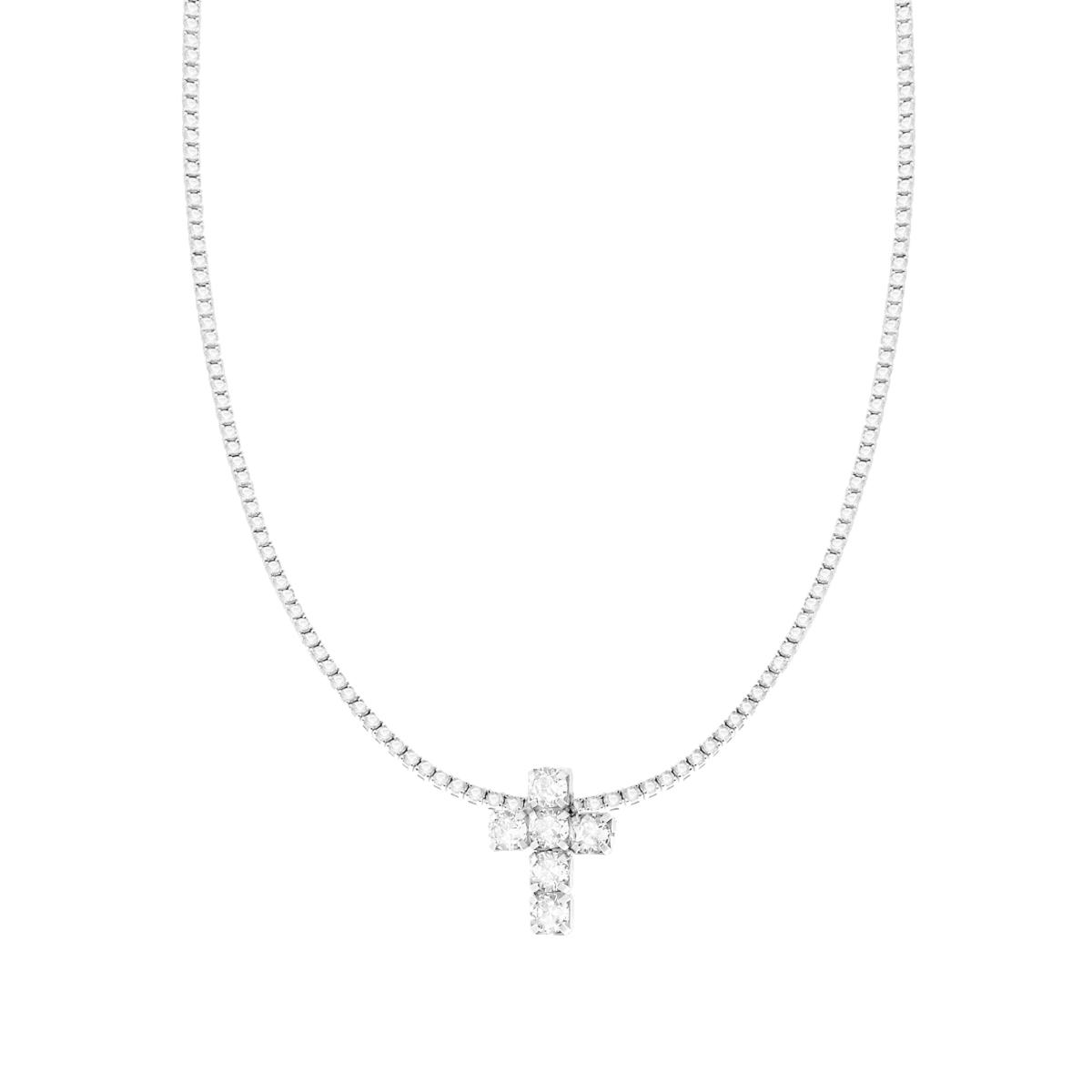 Collana Tennis con Croce centrale e Cubic Zirconia Bianchi in ARGENTO 925 Galvanica Rodio