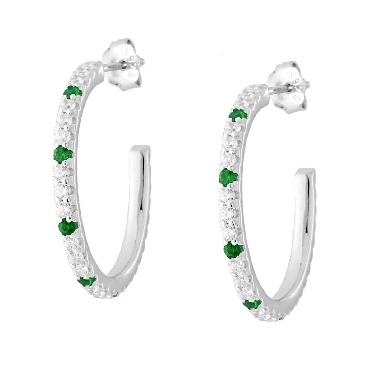 Orecchini Cerchio Cubic Zirconia Verde Smeraldo e Bianchi in ARGENTO 925 Galvanica Rodio