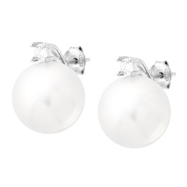 Orecchini Perla mm 14 con Cubic Zirconia Bianco in ARGENTO 925 Galvanica Rodio