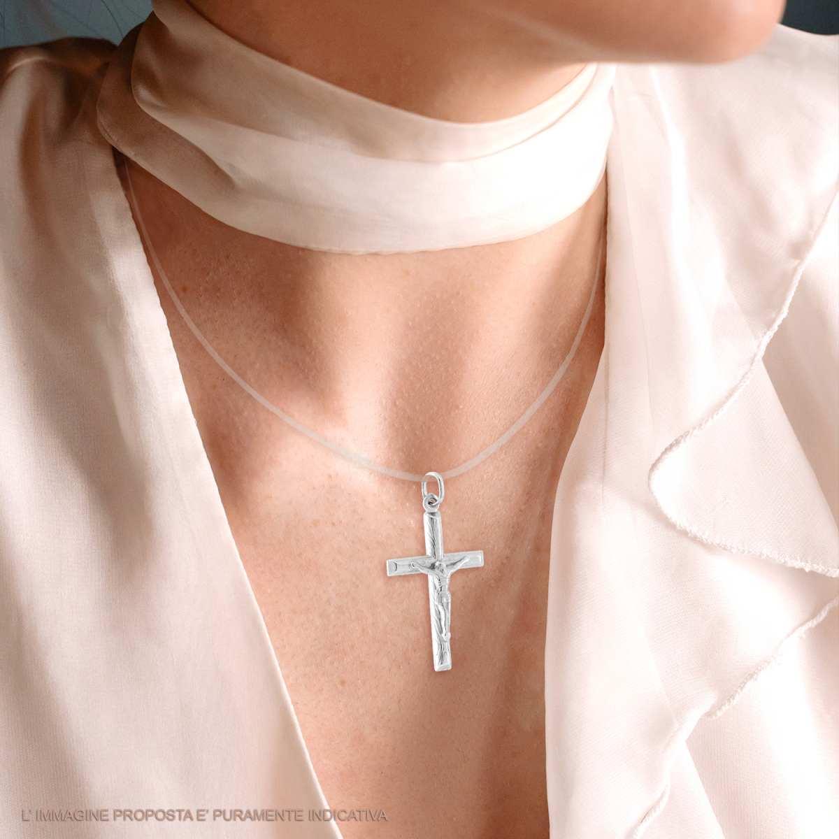 Ciondolo Croce Latina con Gesu Cristo in ARGENTO 925 Galvanica Rodio