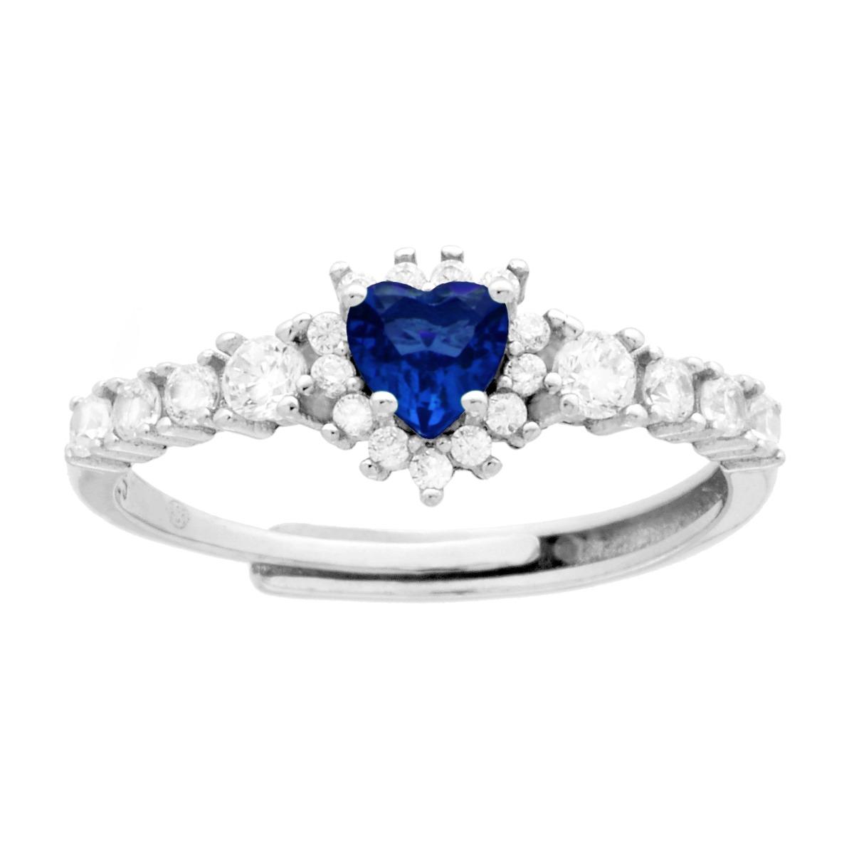 Anello Veretta Cuore Blu Zaffiro contornato da Cubic Zirconia Bianchi in ARGENTO 925 Galvanica Rodio