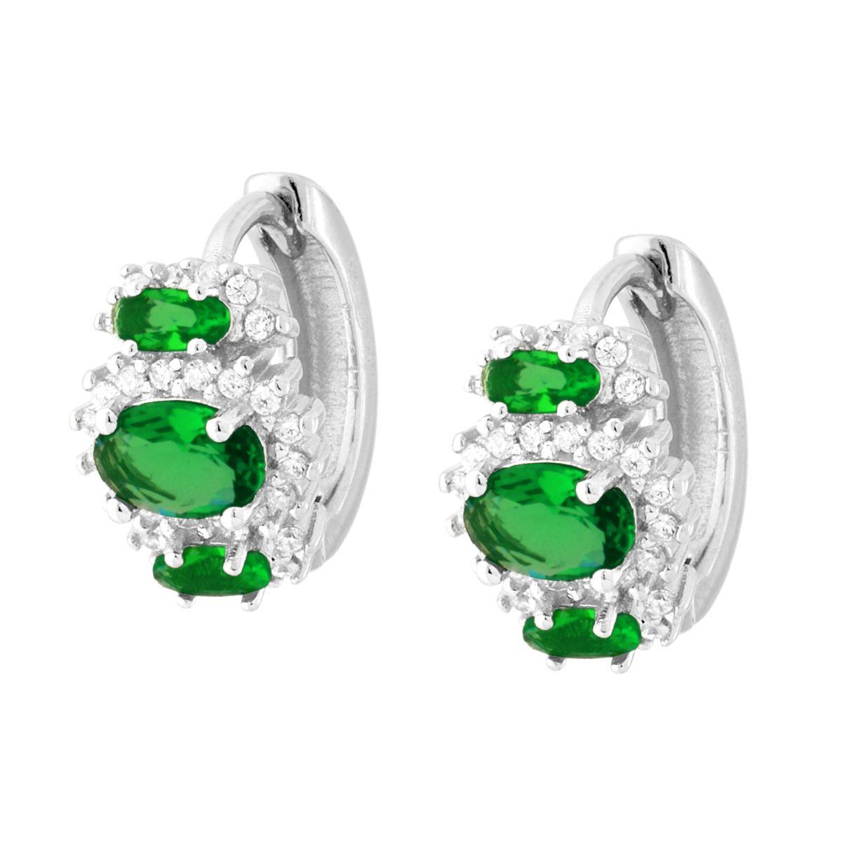 Orecchini Cerchio Scattino Ovali Verde Smeraldo con Cubic Zirconia Bianchi in ARGENTO 925 Galvanica Rodio