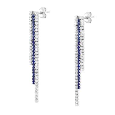 Orecchini tre fili Tennis Cubic Zirconia Blu Zaffiro e Bianchi in ARGENTO 925 Galvanica Rodio