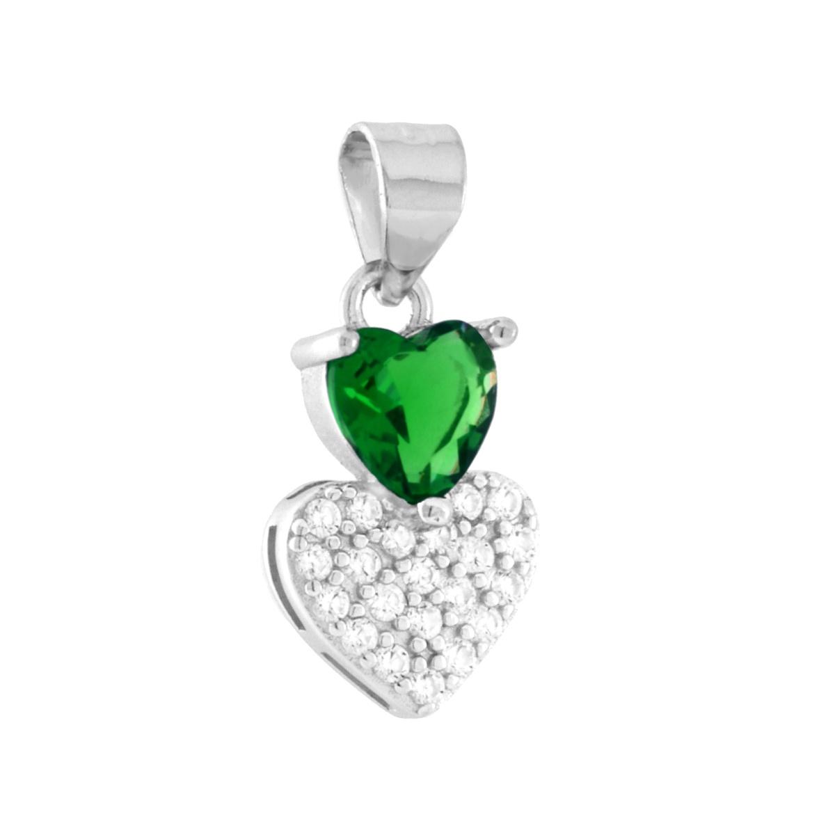 Ciondolo Cuori con Cubic Zirconia Verde Smeraldo e Bianchi in ARGENTO 925 Galvanica Rodio
