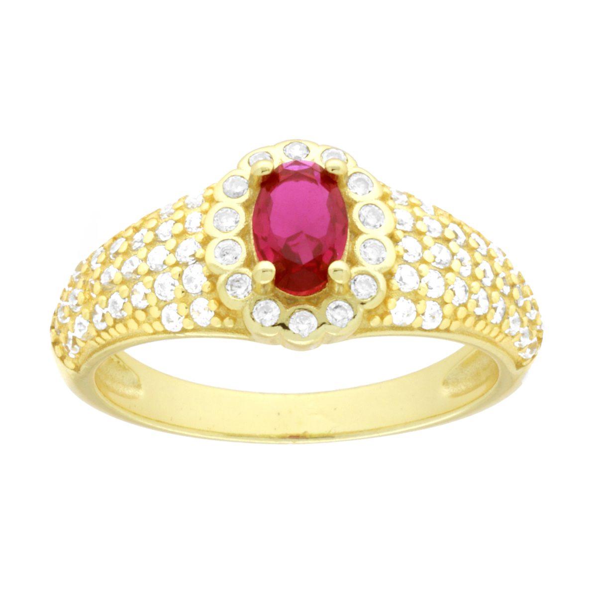 Anello Ovale Rosso Rubino contornato da Cubic Zirconia Bianchi in ARGENTO 925 Galvanica Oro