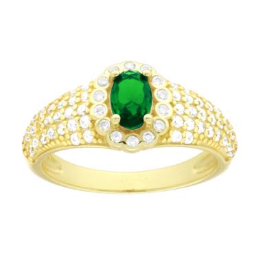 Anello Ovale Verde Smeraldo contornato da Cubic Zirconia Bianchi in ARGENTO 925 Galvanica Oro