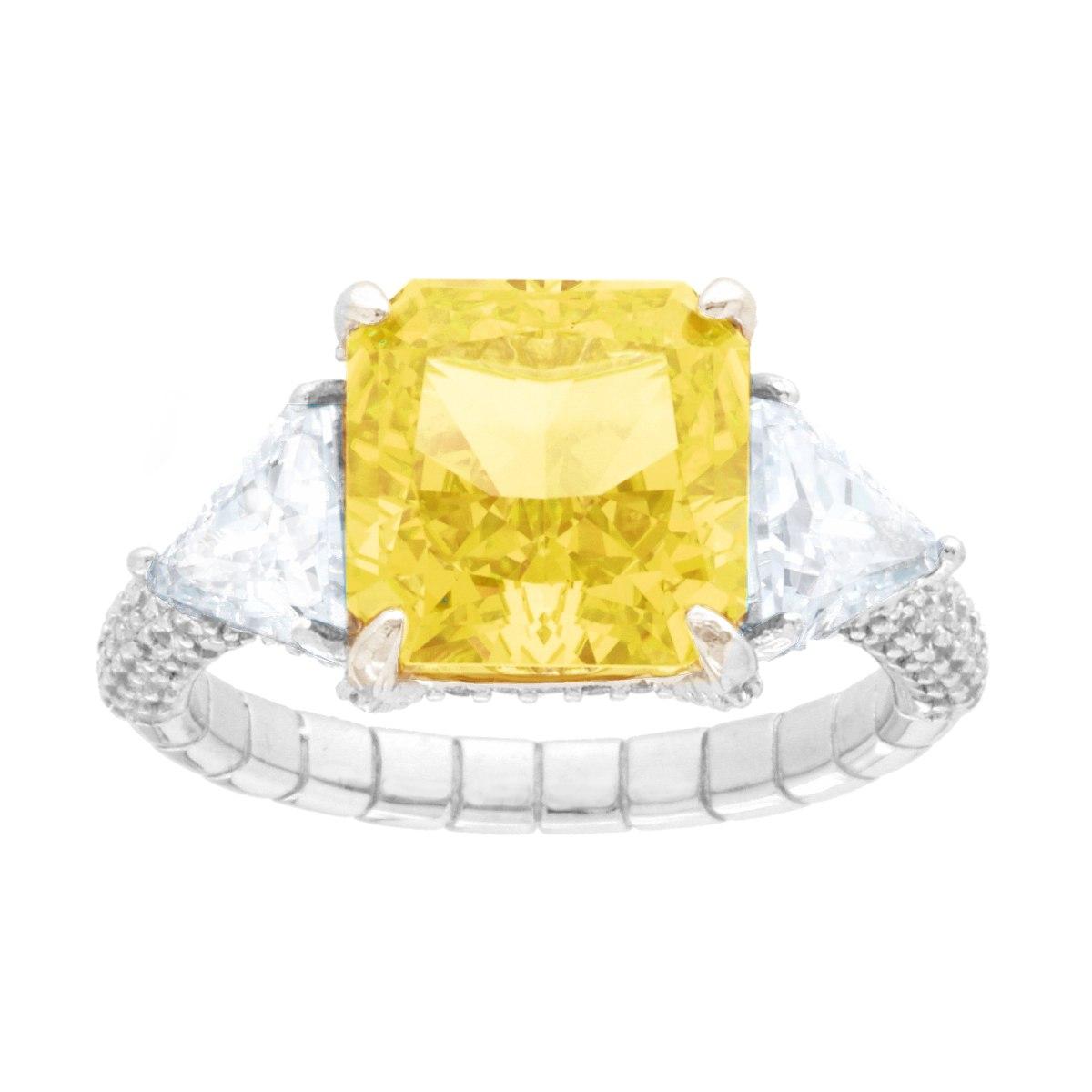 Anello Solitario Quadrato Quarzo Citrino con con Cubic Zirconia Bianchi Triancolari in ARGENTO 925 Galvanica Rodio