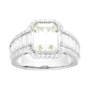 Anello Solitario Quadrato Quarzo Citrino con Cubic Zirconia e Baguette Bianchi in ARGENTO 925 Galvanica Rodio