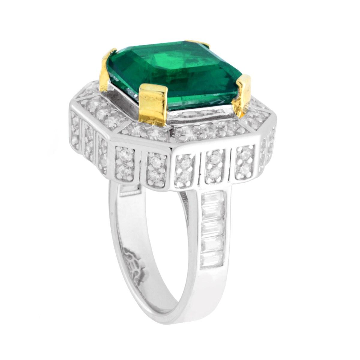 Anello Solitario Ottagonale Verde Smeraldo con Cubic Zirconia Bianchi in ARGENTO 925 Galvanica Rodio e Oro