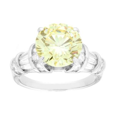 Anello Solitario Tondo Topazio Giallo con Cubic Zirconia Bianchi in ARGENTO 925 Galvanica Rodio