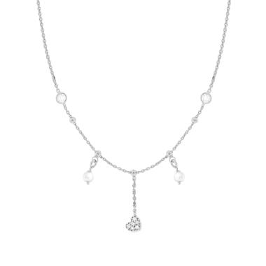 Collana Catena Forzatina Diamantata con Perle Cuore e Cubic Zirconia Bianchi in ARGENTO 925 Galvanica Rodio