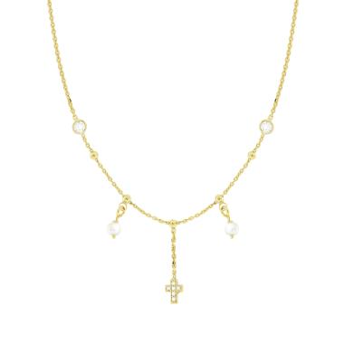 Collana Catena Forzatina Diamantata con Perle Croce e Cubic Zirconia Bianchi in ARGENTO 925 Galvanica Oro