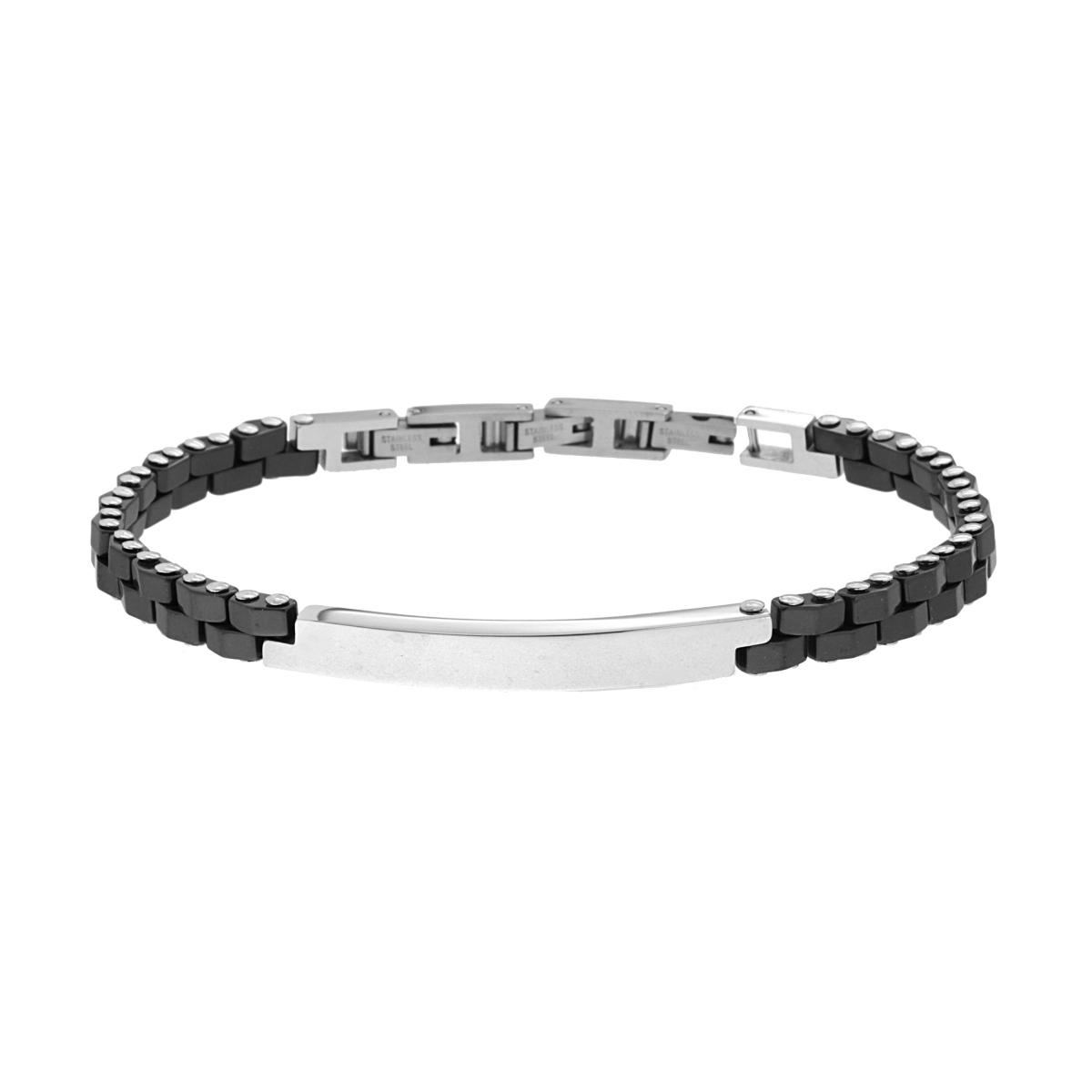 Bracciale Uomo Maglia Imperniata in Ceramica Nero e Targa in ACCIAIO