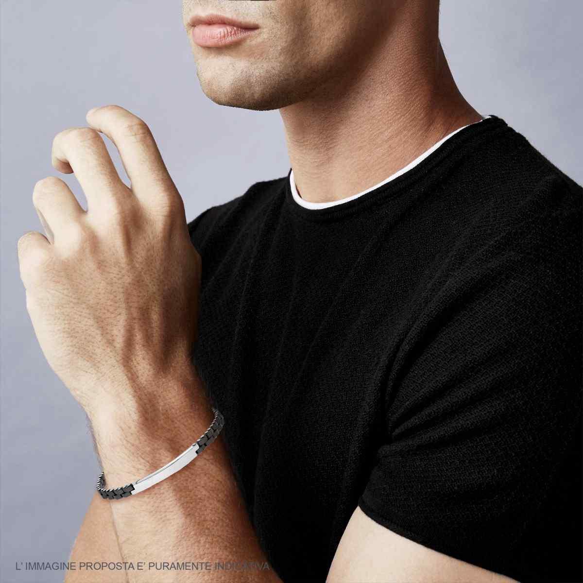 Bracciale Uomo Maglia Imperniata in Ceramica Nero e Targa in ACCIAIO