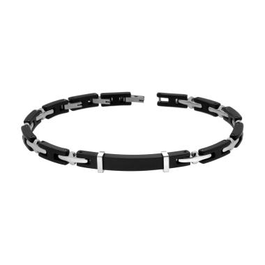 Bracciale Uomo Maglia Imperniata con Ceramica Nera e Targa in ACCIAIO
