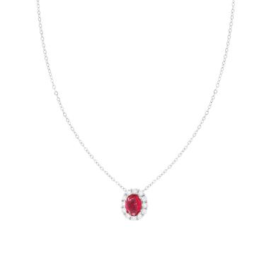 Collana Catena Forzatina Diamantata con Ovale Rosso Rubino contornato da Cubic Zirconia Bianchi in ARGENTO 925 Galvanica Rodio