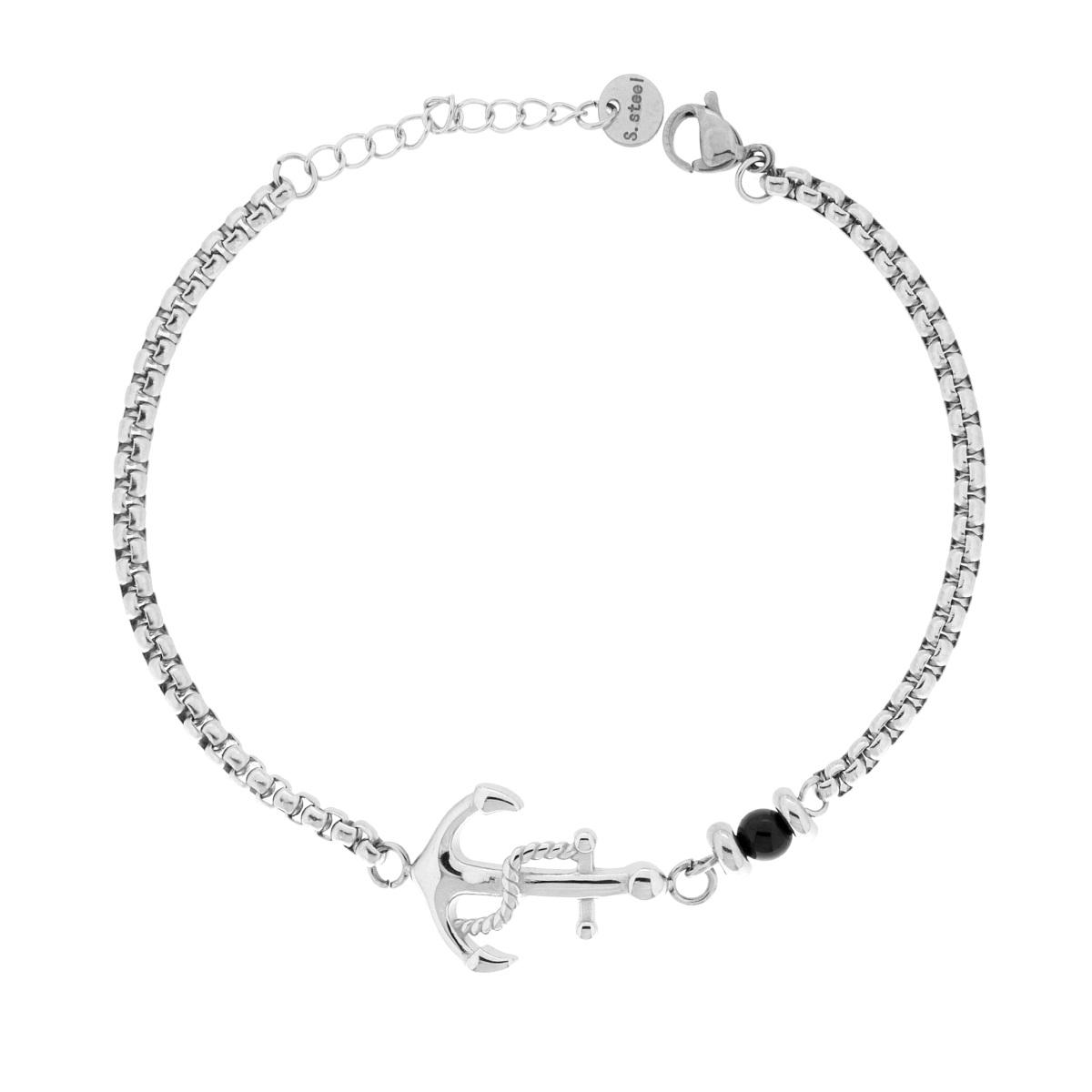 Bracciale Uomo Catena Veneziana Tonda con Ancora e Pallina Nera in ACCIAIO