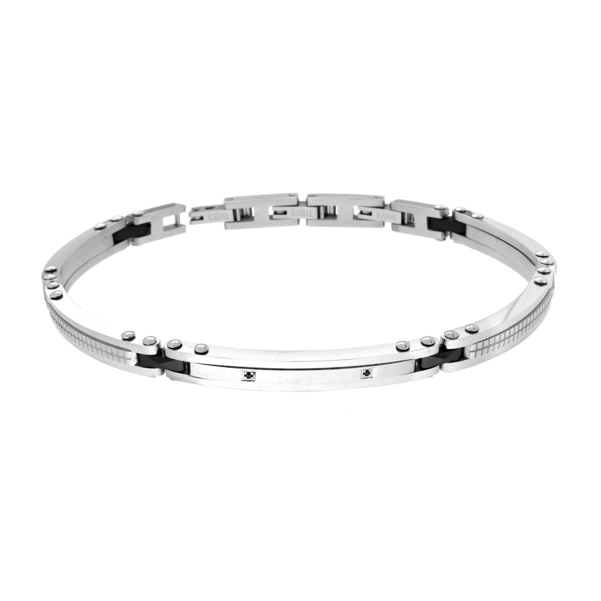 Bracciale Uomo Maglia Imperniata con Ceramica Nera e Targa con Crystal Neri in ACCIAIO
