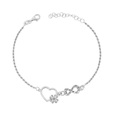 Bracciale Catena Corda Diamantata con Cuore Quadrifoglio Infinito e Cubic Zirconia Bianchi in ARGENTO 925 Galvanica Rodio