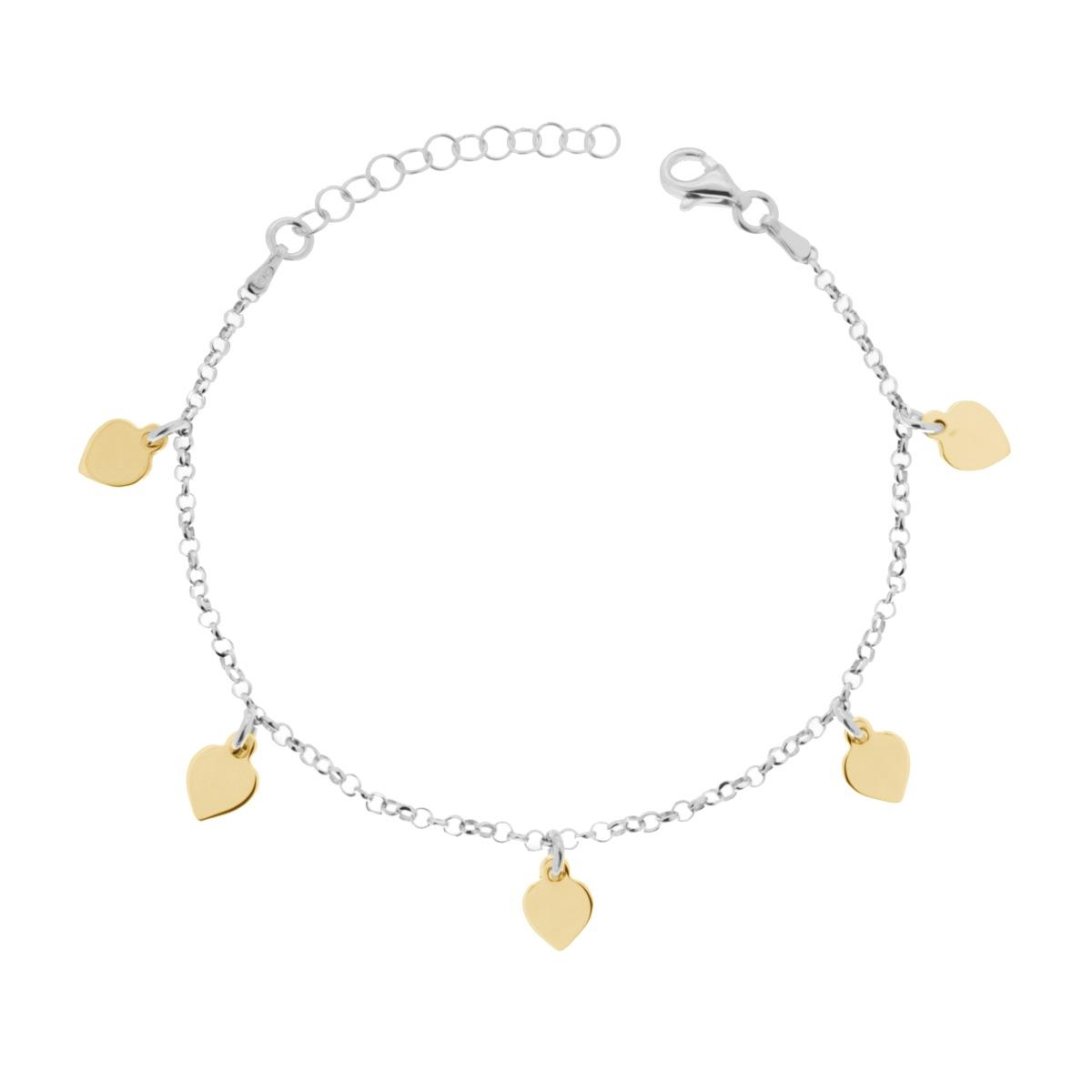 Bracciale Catena Rolo Diamantata con Cuori plain pendenti in ARGENTO 925 Galvanica Rodio e Oro