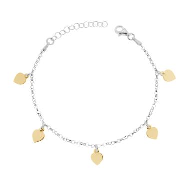 Bracciale Catena Rolo Diamantata con Cuori plain pendenti in ARGENTO 925 Galvanica Rodio e Oro