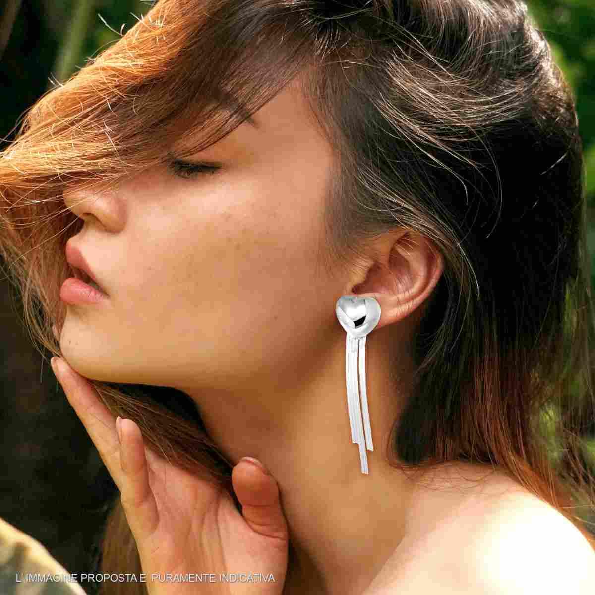 Orecchini Lunghi Cuore Bombato con Catene Magik pendenti in ARGENTO 925 Galvanica Rodio