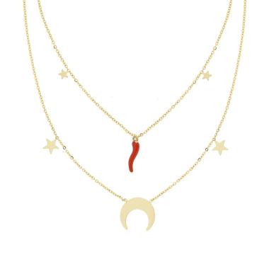 Collana due fili Catena Forzatina Luna Stelle plain e Corno smalto Rosso portafortuna in ACCIAIO colore Oro