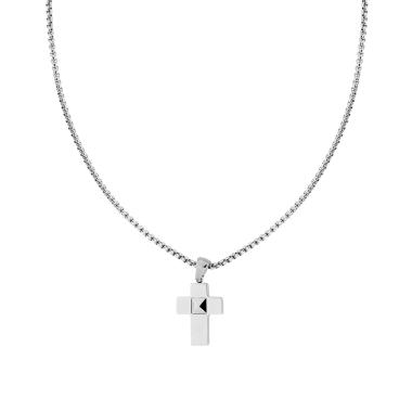 Collana Catena Veneziana Tonda con Croce Bugnata in ACCIAIO<br />