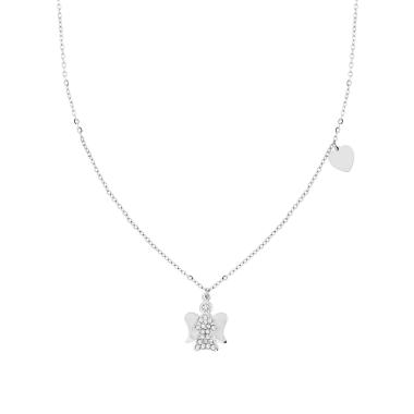 Collana Catena Forzatina Diamantata con Angelo Cuore e Crystal Bianchi in ACCIAIO