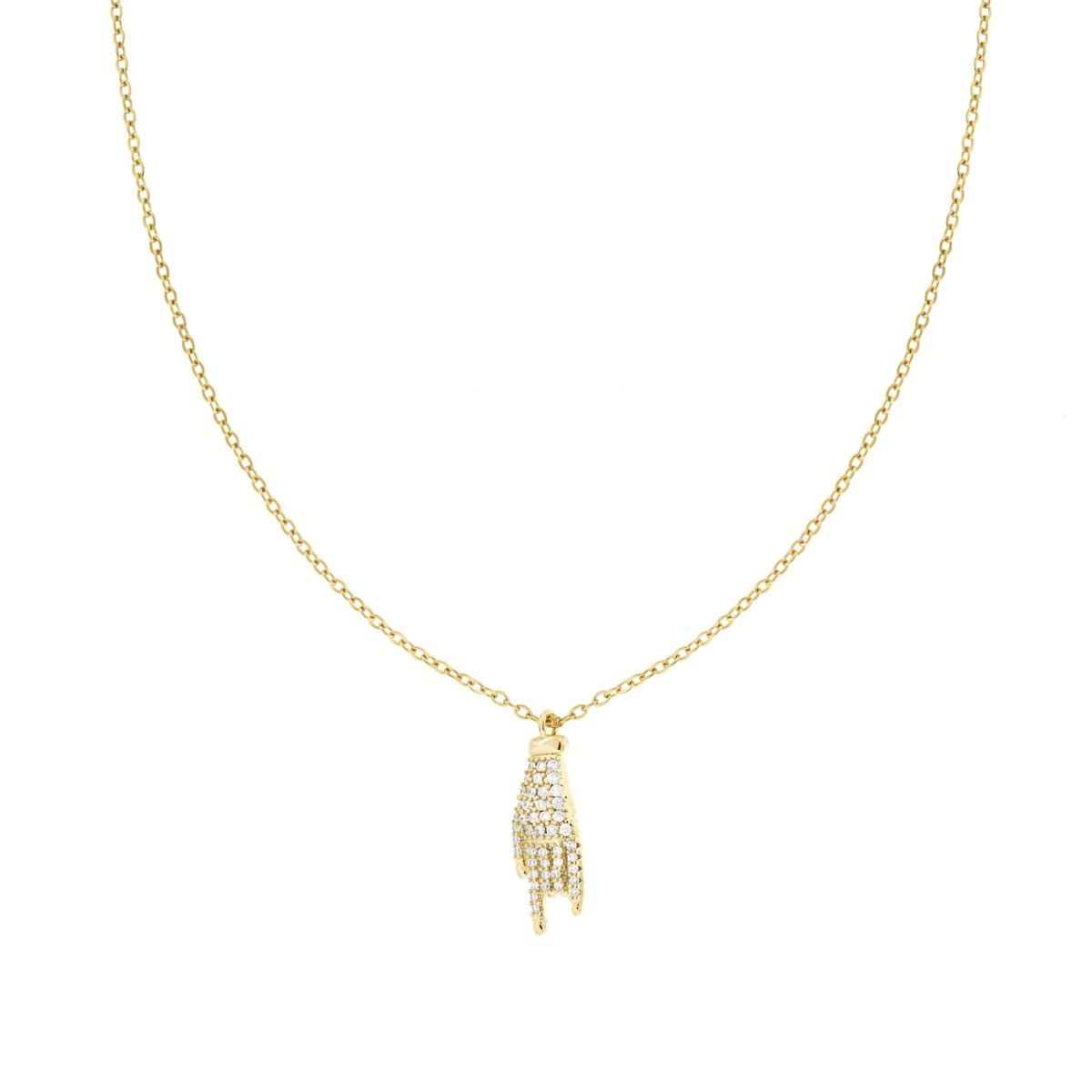 Collana Catena Forzatina Diamantata con Mano Corna Portafortuna e Crystal Bianchi in ACCIAIO e OTTONE colore Oro