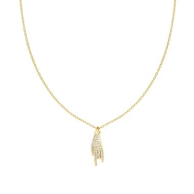 Collana Catena Forzatina Diamantata con Mano Corna Portafortuna e Crystal Bianchi in ACCIAIO e OTTONE colore Oro