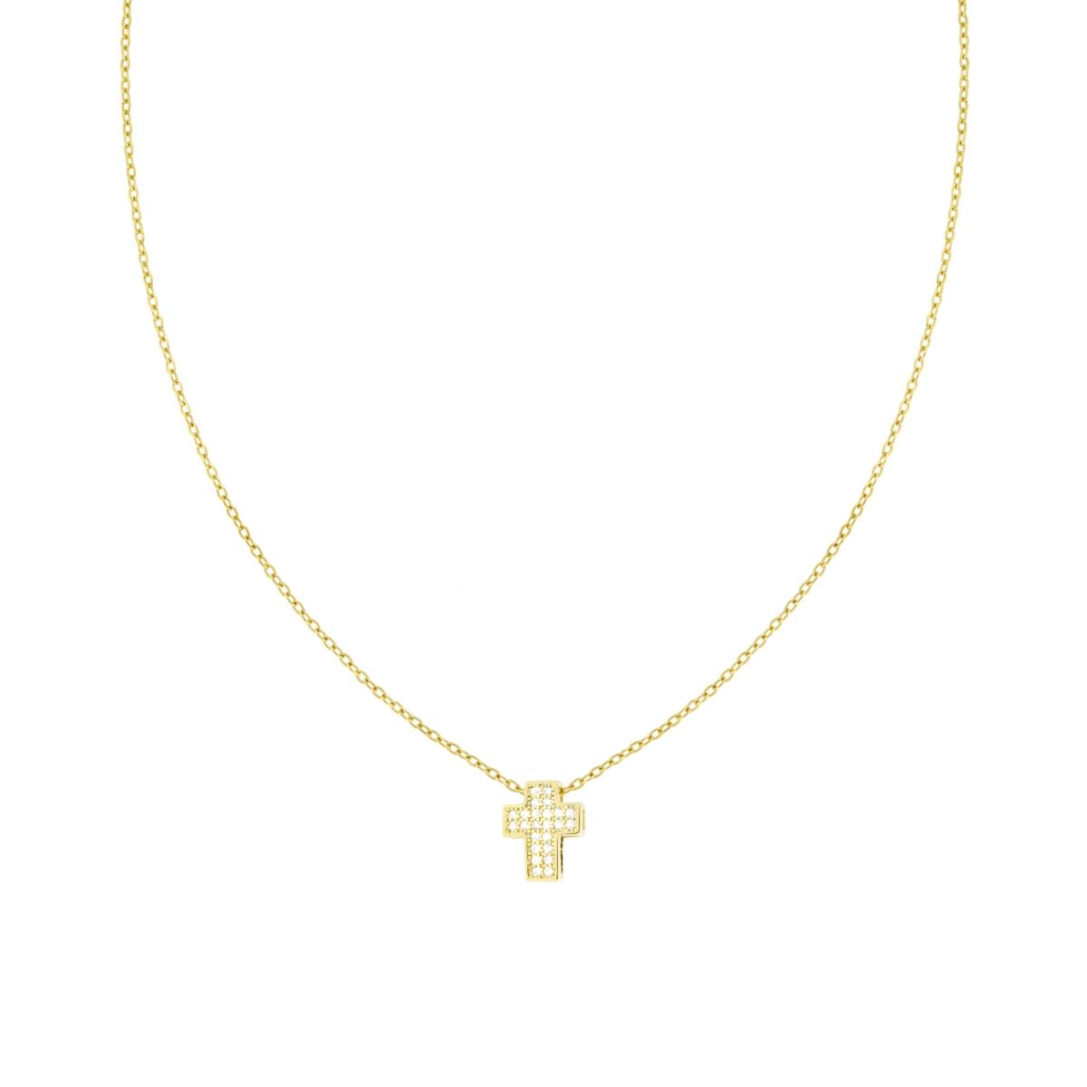 Collana Catena Forzatina Diamantata con Croce e Crystal Bianchi in ACCIAIO e OTTONE colore Oro